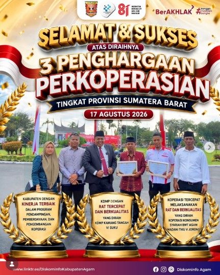 Apresiasi untuk perkoperasian Agam — Dokumentasi pada publikasi Pemkab Agam tentang penghargaan 17 Agustus 2026.